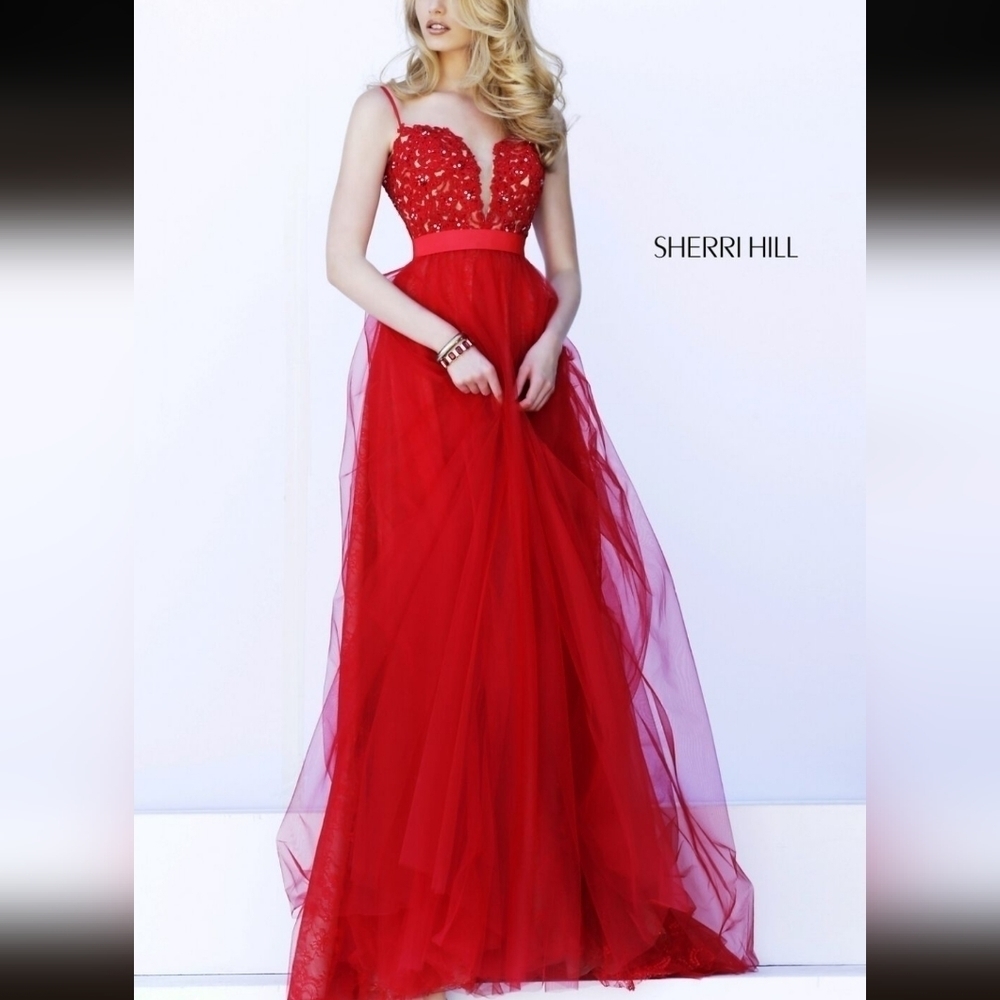 Sherri Hill Red & Nude Tulle Lace Maxi Dress - Picture 2 of 16